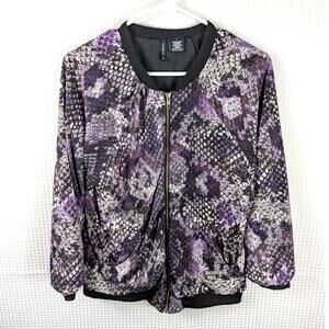 New Directions Small Purple Snakeskin Print Zip Bomber Jacket Womens Stretch
